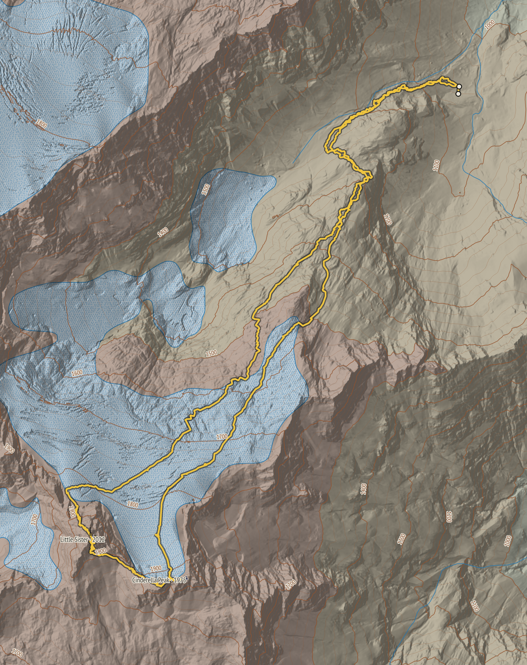 Route map in the house cartography: the GPS track over painterly relief.